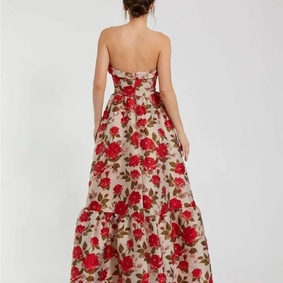 Multicolor Brocade Strapless Floral Gown With Ruffle Hem - Picture 3 of 7